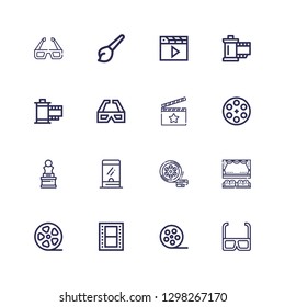 Editable 16 cinematography icons for web and mobile. Set of cinematography included icons line d glasses, Film reel, Film, Film roll, Cinema, Ticket window on white background