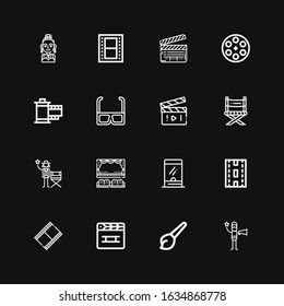 Editable 16 cinematography icons for web and mobile. Set of cinematography included icons line Film director, Art, Clapperboard, Movie film, Strip, Ticket window on black background