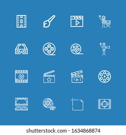 Editable 16 cinematography icons for web and mobile. Set of cinematography included icons line Movie, Art, Film, Cinema, Film reel, Clapperboard, Film director on blue background