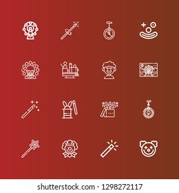 Editable 16 circus icons for web and mobile. Set of circus included icons line Clown, Magic wand, Unicycle, Magic, Magic hat, Ferris wheel, Attraction, Monocycle on red