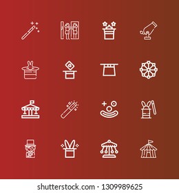 Editable 16 circus icons for web and mobile. Set of circus included icons line Circus tent, Ride, Magic hat, Magician, Clown, Magic wand, Carousel, Ferris wheel, Magic on red