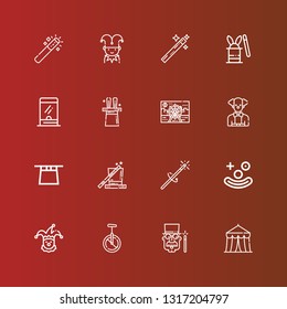 Editable 16 circus icons for web and mobile. Set of circus included icons line Circus, Magician, Monocycle, Clown, Magic wand, Magic, Magic hat, Ferris wheel, Ticket window on red