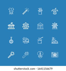 Editable 16 circus icons for web and mobile. Set of circus included icons line Ferris wheel, Fakir, Magic wand, Bumper car, Wand, Attraction, Unicycle, Circus on blue background