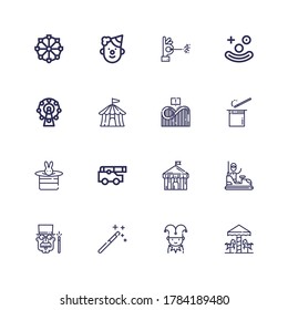 Editable 16 circus icons for web and mobile. Set of circus included icons line Carousel, Jester, Magic wand, Magician, Bumper car, Circus, Cannon, Magic, Wand on white background