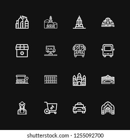 Editable 16 city icons for web and mobile. Set of city included icons line Arch, Taxi, Store, Dutch, Rialto bridge, Angkor wat, Building, Bus stop, Bus, School bus on black background