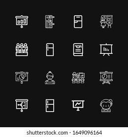 Bearbeitbare 16-Klassen-Icons für Web und Mobile. Satz von Klassen inbegriffen Symbole Lehrer, Präsentation, Kühlschrank, Ballerina, Thesis, Klassenzimmer, Training auf schwarzem Hintergrund