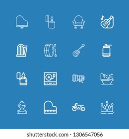 Editable 16 classic icons for web and mobile. Set of classic included icons line Crown, Motorbike, Piano, Ballerina, Bathtub, Xylophone, Turntable, Lighter on blue background