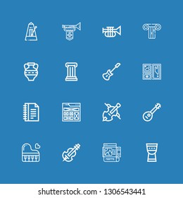 Editable 16 classical icons for web and mobile. Set of classical included icons line Timpani, Frame, Violin, Piano, Mandolin, Cello, Notes, Electric guitar on blue background