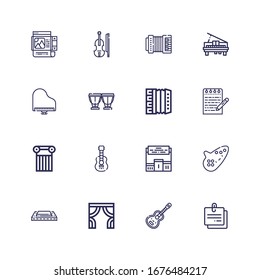 Editable 16 classical icons for web and mobile. Set of classical included icons line Note, Guitar, Curtains, Harmonica, Ocarina, Pedestal, Acoustic guitar on white background