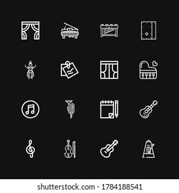 Editable 16 classical icons for web and mobile. Set of classical included icons line Metronome, Guitar, Violin, Note, Trumpet, Itunes, Piano, Curtains, Dancer on black background