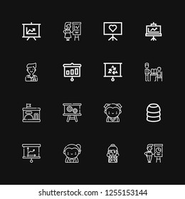 Editable 16 classroom icons for web and mobile. Set of classroom included icons line Presentation, Student, Teacher, Training, Kindergarten on black background