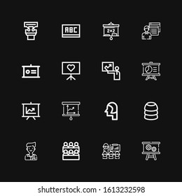 Editable 16 classroom icons for web and mobile. Set of classroom included icons line Presentation, Classroom, Student, Training, Blackboard on black background