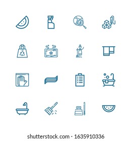Editable 16 clean icons for web and mobile. Set of clean included icons line Watermelon, Ink, Sweep, Bath, Padnote, Toothpaste, Latex, Towel, Maid, Soap, Recycled Plastic Bag on white background