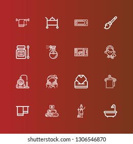 Editable 16 cleaner icons for web and mobile. Set of cleaner included icons line Bath, Maid, Towels, Towel, Wipes, Washing, Vacuum, Microwave oven, Antiseptic, Broomstick on red