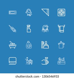 Editable 16 cleaner icons for web and mobile. Set of cleaner included icons line Bath, WASHING HANDS, Housekeeping, Towel, Dustpan, Detergent, Washing, Cleaning spray on blue background