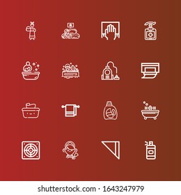Editable 16 cleaner icons for web and mobile. Set of cleaner included icons line Spray bottle, Napkin, Maid, Extractor, Bath, Detergent, Towel, Wet wipes, Wipes, Vacuum on red