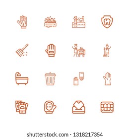 Editable 16 cleaning icons for web and mobile. Set of cleaning included icons line Denture, Wipes, Glove, Gloves, Garbage, Bath, Maid, Housekeeping, Sweep on white background