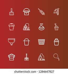 Editable 16 cleanup icons for web and mobile. Set of cleanup included icons line Enema, Vacuum, Toilet brush, Bucket, Dustpan, Poo, Broom on red