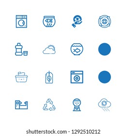 Editable 16 clear icons for web and mobile. Set of clear included icons line Rain, Machine, Recycle, Recycling, Washing machine, Recyclable, Wet wipes, Fish bowl on white background