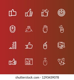 Editable 16 click icons for web and mobile. Set of click included icons line Mouse, Web site, Like, Web, Hand, Power, Thumbs up on red