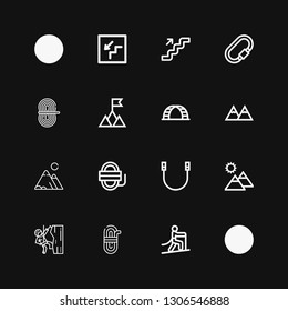Editable 16 climb icons for web and mobile. Set of climb included icons line Stairs, Climbing, Rope, Mountain, Mountains, Ladder, Carabiner on black background
