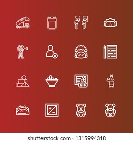 Editable 16 clip art icons for web and mobile. Set of clip art included icons line Teddy bear, Exposure, Taco, Servant, Gif, Fruit bowl, Blocks, Sheet, Cancel, Vane, Parade on red