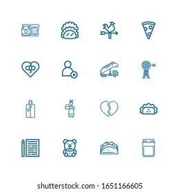 Editable 16 clip art icons for web and mobile. Set of clip art included icons line Jam, Taco, Teddy bear, Sheet, Broken heart, Servant, Portable, Vane, Stair truck on white background
