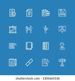 Editable 16 clipboard icons for web and mobile. Set of clipboard included icons line Test, Clipboard, Rubber, Notepad, Manager, Appointment book, List, Planning on blue background