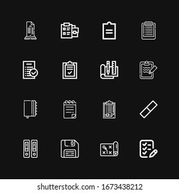 Editable 16 clipboard icons for web and mobile. Set of clipboard included icons line List, Planning, Diskette, Documentation, Rubber, Clipboard, Notepad, Agenda on black background