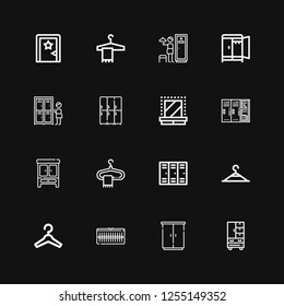 Editable 16 cloakroom icons for web and mobile. Set of cloakroom included icons line Wardrobe, Hanger, Clothing hanger, Lockers, Dressing room on black background