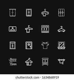 Editable 16 cloakroom icons for web and mobile. Set of cloakroom included icons line Clothes hanger, Wardrobe, Hanger, Changing room, Dressing room, Locker on black background