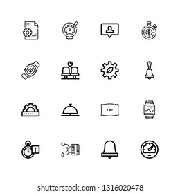 Editable 16 clock icons for web and mobile. Set of clock included icons line Speedometer, Bell, Smartwatch, Stopclock, Pillow, Cogwheel, Waiting room, Watch on white background