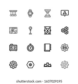 Editable 16 clock icons for web and mobile. Set of clock included icons line Setting, Cogwheel, Day, Gear, Settings, Appointment book, Stopclock, Alarm clock on white background