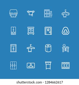 Editable 16 closet icons for web and mobile. Set of closet included icons line Lockers, Nightstand, Hanger, Toilet paper, Wardrobe, Potty, Dressing room, Closet on blue background