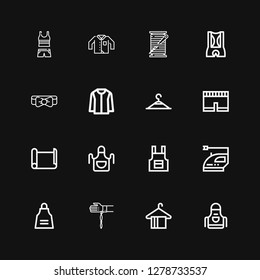 Editable 16 cloth icons for web and mobile. Set of cloth included icons line Apron, Hanger, Handkerchief, Iron, Paper roll, Short, Clothing hanger, Jacket on black background