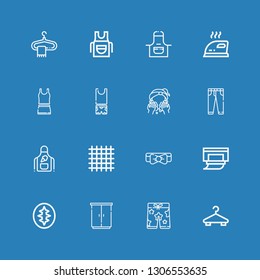 Editable 16 cloth icons for web and mobile. Set of cloth included icons line Hanger, Shorts, Wardrobe, Sourdough, Wipes, Bow tie, Cloth, Apron, Jeans, Washing on blue background