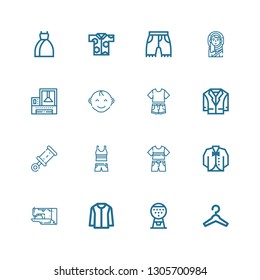 Editable 16 clothes icons for web and mobile. Set of clothes included icons line Hanger, Machine, Jacket, Sewing machine, Vest, Clothes, Rattle, Baby boy, Eskimo on white background