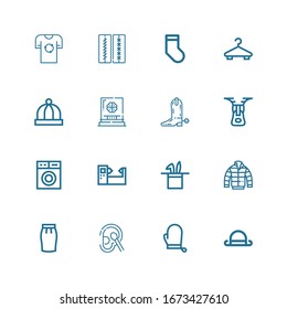 Editable 16 clothing icons for web and mobile. Set of clothing included icons line Bowler, Gloves, Cotton, Skirt, Jacket, Hat, Machine, Washing machine, Zipper on white background