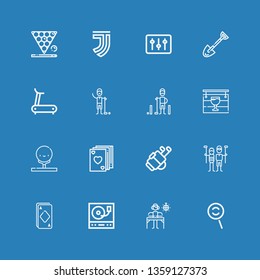 Editable 16 club icons for web and mobile. Set of club included icons line Dodge, DJ, Turntable, Ace, Golfer, Golf, Poker, Pub, Treadmill, Spade, Juventus, Snooker on blue background
