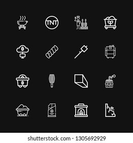 Editable 16 coal icons for web and mobile. Set of coal included icons line Rocks, Fireplace, Coal, Dynamite, Minerals, BBQ grill, Mining, Barbecue, Marshmallow on black background