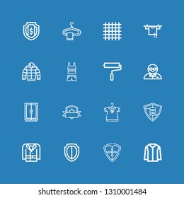Editable 16 coat icons for web and mobile. Set of coat included icons line Jacket, Shield, Coat, Clothing, Wardrobe, Bodyguard, Paint roller, Clothes, Clothes hanger on blue background