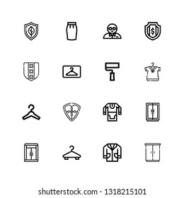 Editable 16 coat icons for web and mobile. Set of coat included icons line Wardrobe, Lab coat, Hanger, Tunic, Shield, Clothing, Paint roller, Bodyguard, Skirt on white background