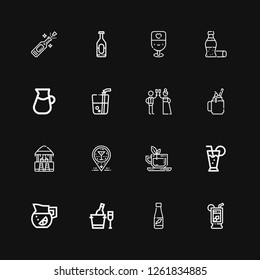 Editable 16 cocktail icons for web and mobile. Set of cocktail included icons line Lemonade, Drink, Ice bucket, Cocktail, Tea, Bar, Smoothie, Toast, Cola, Champagne on black background
