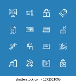 Editable 16 code icons for web and mobile. Set of code included icons line Padlocks, Clean code, Price, Scanner, Bug, GDPR, Unlock, Dna, Coding, Api, Barcode on blue background