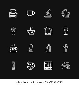 Editable 16 coffee icons for web and mobile. Set of coffee included icons line Graphic designer, Mixer, Juice, Snack, Food, Coffee, Tea, Blender, Kettle, Donut on black background