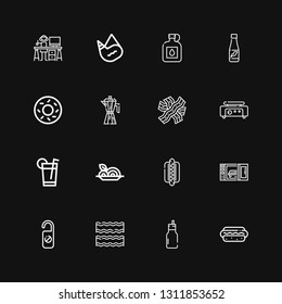 Editable 16 coffee icons for web and mobile. Set of coffee included icons line Hotdog, Milkshake, Bacon, Hotel, Microwave oven, Spaghetti, Drink, Crepe maker on black background