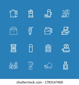 Editable 16 coffee icons for web and mobile. Set of coffee included icons line Food, Nuts, Blender, Restaurant, Kettle, Hotel, Thermo, Canned food, Coffee, maker on blue background