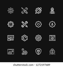 Editable 16 cog icons for web and mobile. Set of cog included icons line Settings, Setting, System, Gear, Configuration, Engineer on black background
