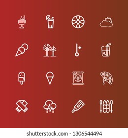 Editable 16 cold icons for web and mobile. Set of cold included icons line Ski, Thermometer, Storm, Scarf, Fan, Radiation, Ice cream, Drink, Wind, Sun cloud, Propeller on red
