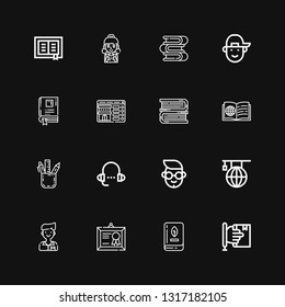 Editable 16 college icons for web and mobile. Set of college included icons line Learning, Book, Diploma, Student, Boy, Lesson, Pencil case, Books, Booking on black background